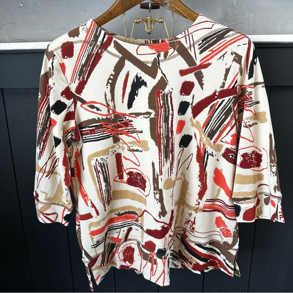 LINKS 80's 90's Abstract Paint‎ Cream/Rust Graphic Print Top size M